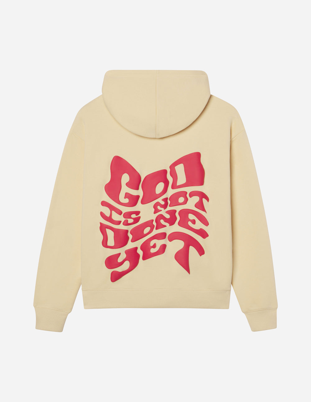 Beige hoodie with red text on the back against a white background